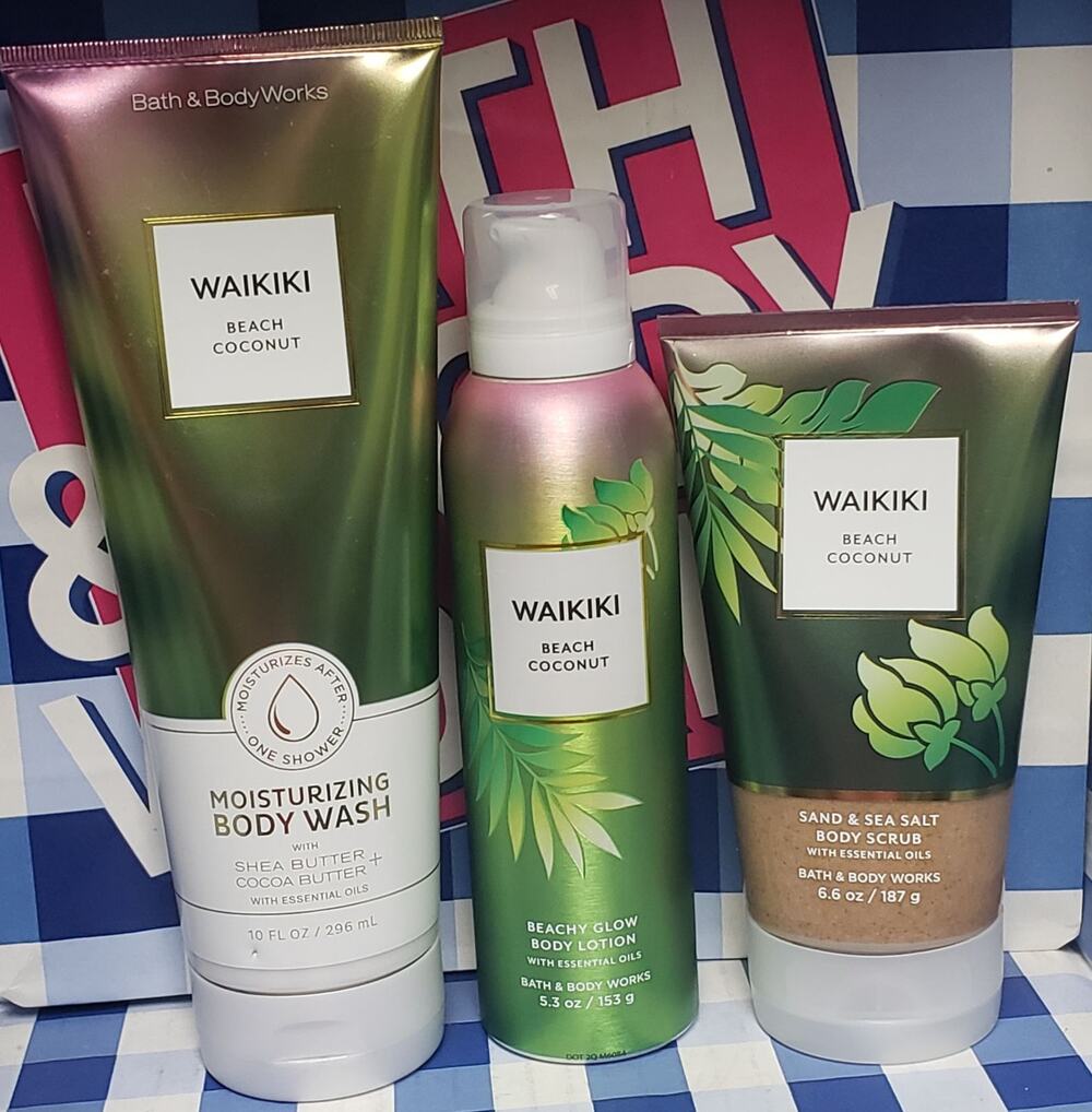 BBW Waikiki Beach Coconut • Body Wash Glow Lotion & Scrub Body Care Bundle